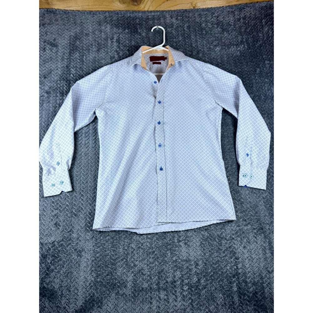 Elie Balleh Dress Shirt Men 16 Blue White Geometric Long Sleeve Button Up Modern